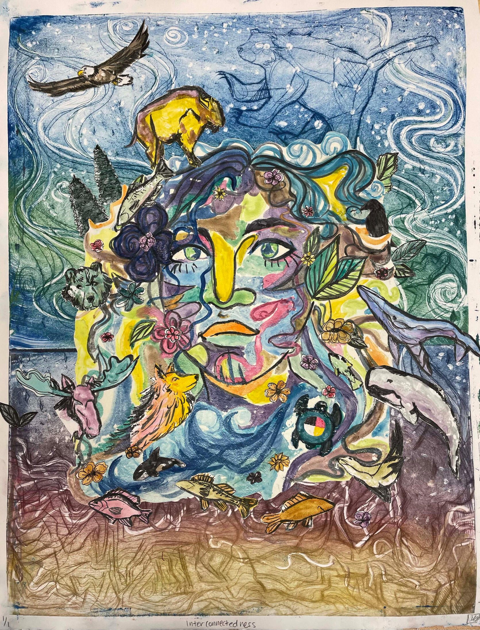 &quot;Interconnected&quot; (Watercolor Monoprint collaged onto Intaglio Drypoint Print background)