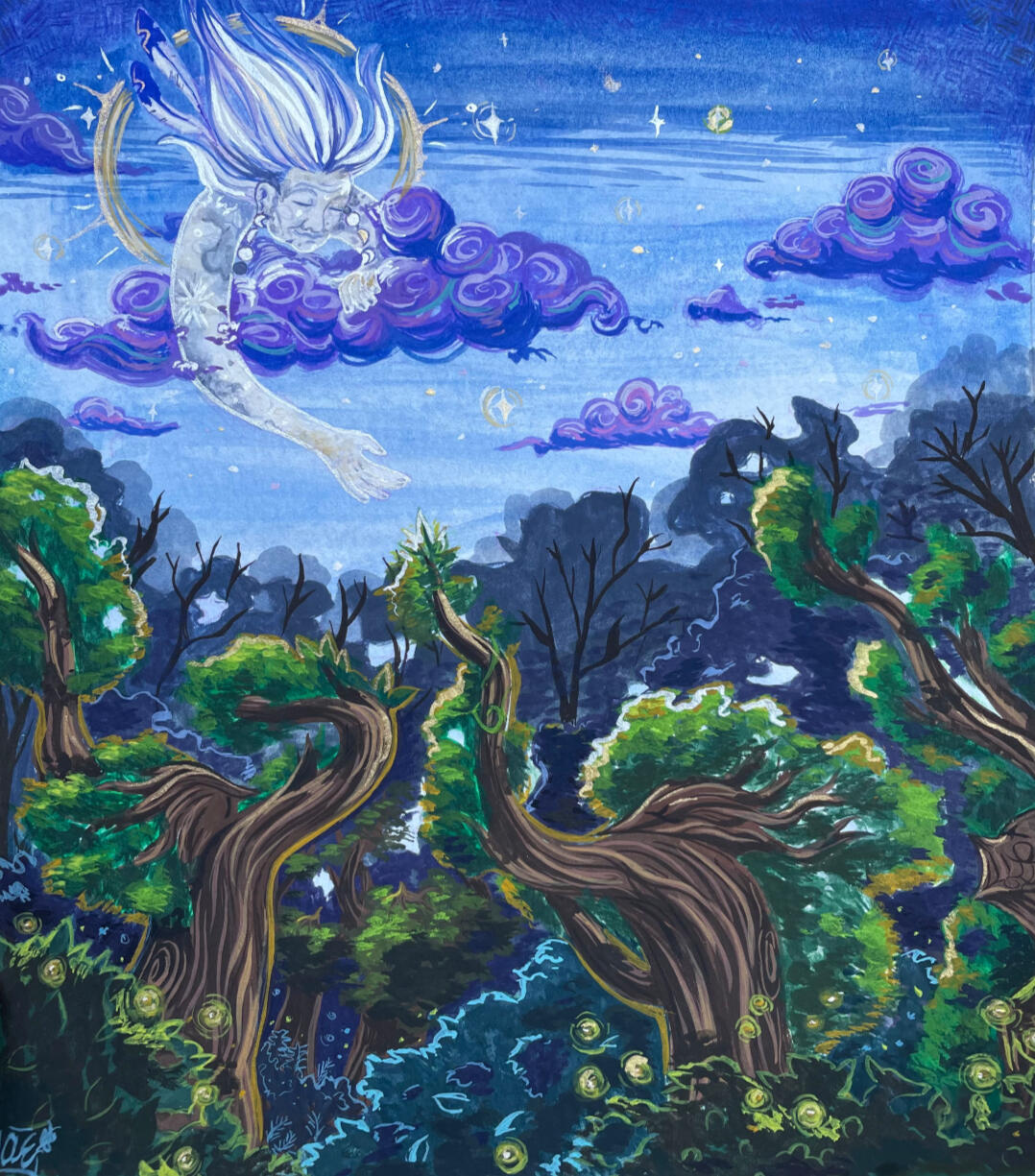 "The Trees Reaching Up Towards Grandmother Moon" (Gouache) Center for Native American Youth (CNAY) Art Contest Winner 2024